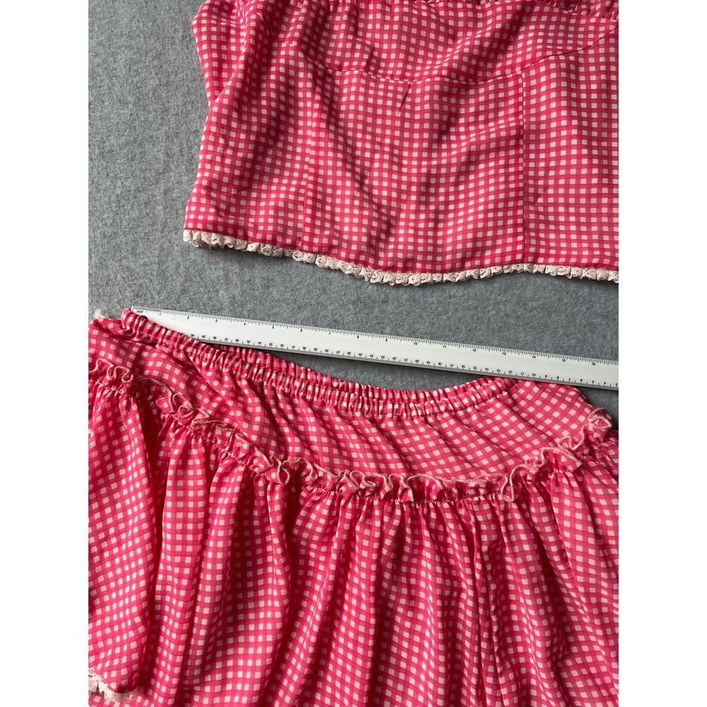 Megan Moroney Pink Gingham 2 Piece Set Crop Top Ruffle Shorts Lace Trim XL L - Picture 4 of 9